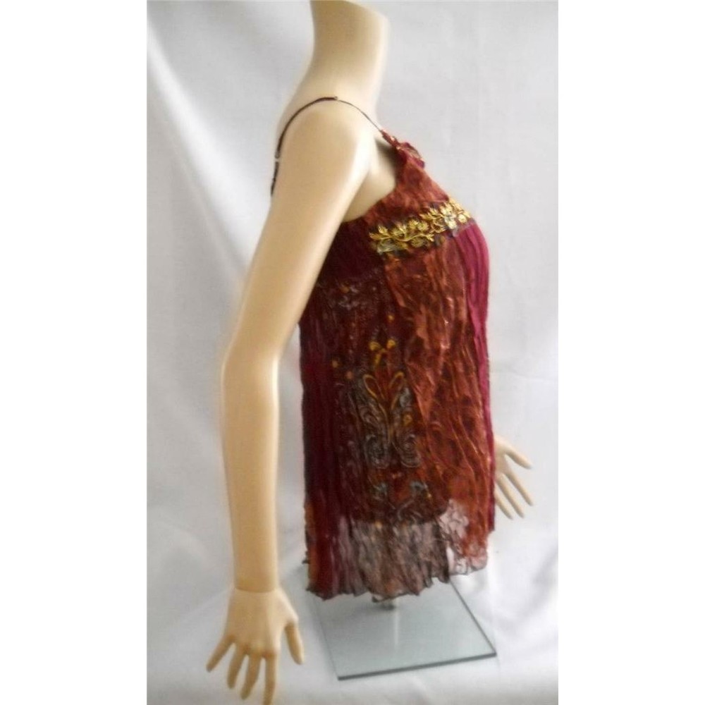Y2K Crinkle Cami Top SEXY Retro BOHO With Liner & Lace Beads Burgundy Gorgeous - Picture 7 of 8